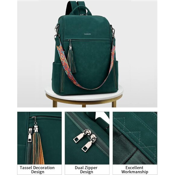 Women's Dark Green Suede Style Backpack Designer 15.6 inch PU Leather Laptop Bag - Picture 5 of 9